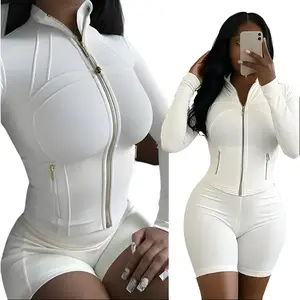 BreathableElasticityGymSet-Women's2PieceWorkoutSetZip-UpJacket&Shorts-CasualActivewearforFitness&AthleisureTrend