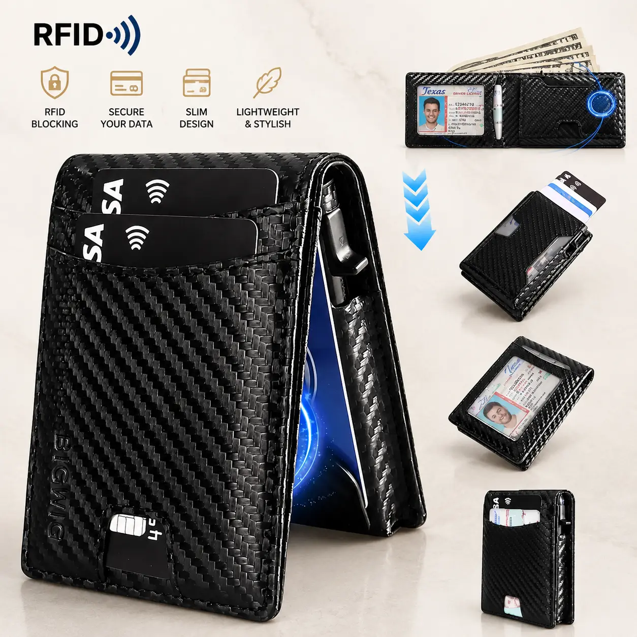 Men's RFID Blocking Slim Leather Bifold Wallet - ID Window, Cash Slot, Front Pocket Card Holder, Sports & Outdoor Accessory Gift for Men (Father's Day, Christmas), Men's Wallet