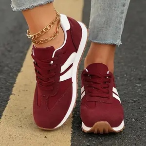 [Wine Red Sneakers] Soft-Soled Non-Slip Ladies' Wine Red Casual Lace-Up Round-Toe Sneakers, Versatile For Students