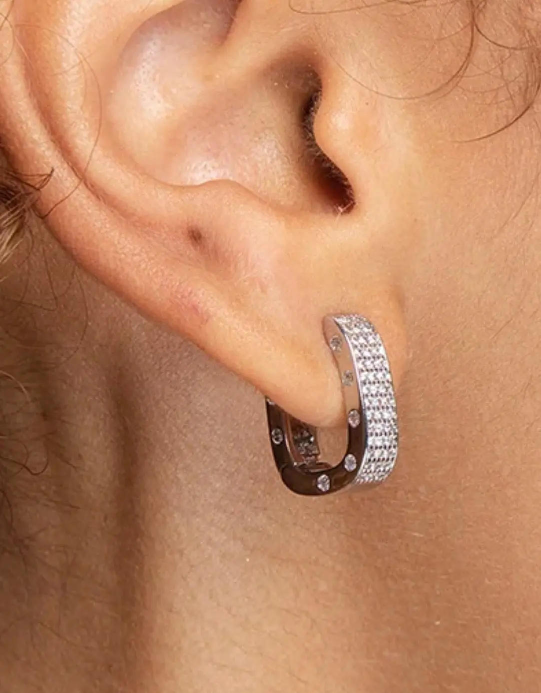 Women's Francesca Square Hoop Earrings - White Rhodium-Plated, Cubic Zirconia, Cubics Costume Jewelry