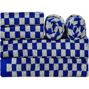Checkered Bath Towels Set of 6 Large, 100% Cotton Towels * 2 (55.12"*27.56"), Hand Towels * 4 (29.52"*13.77"), Luxury Towels for, Gym, Hotel, and Spa(Blue)