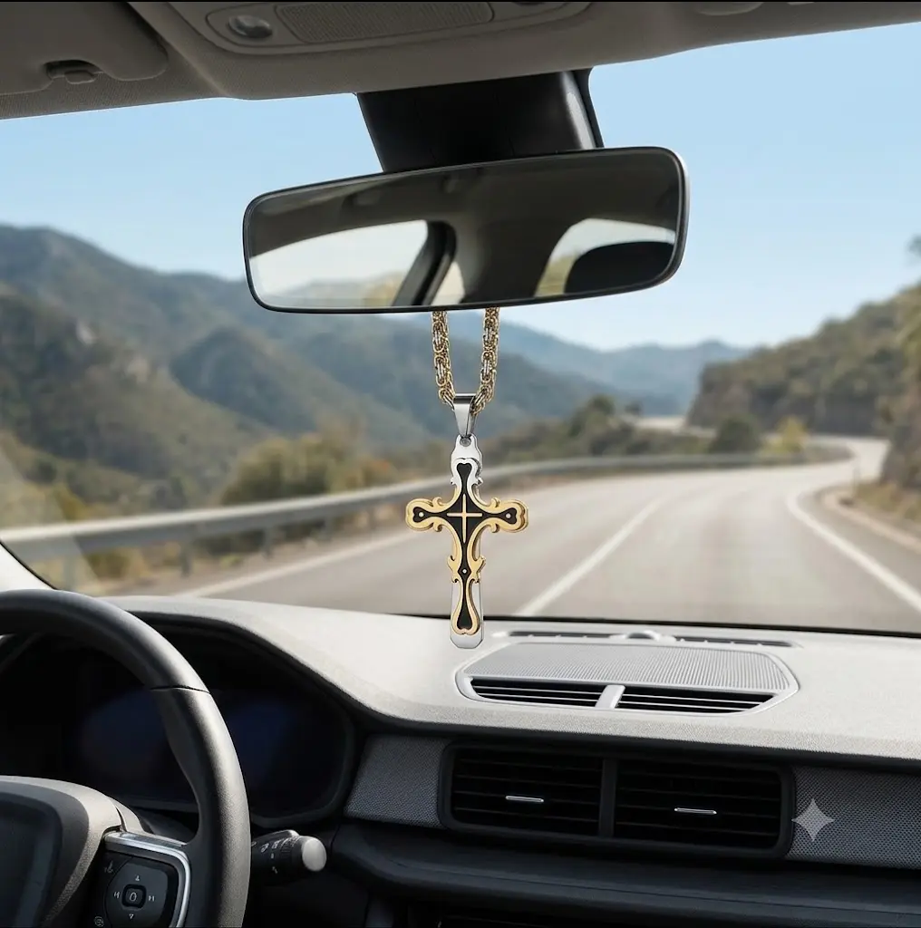 Luxury Cross Rearview Mirror Charm, Black Gold Car Interior Hanging Accessory, Premium Car Decor Gift for Men & Women