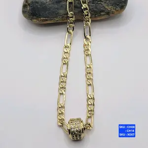 Beautifull Pendant style Fashion Chain Figaro link Diamont Cut 24 & 18 inches 3.5mm wide Laminated Gold,  Jewelry Gift for Any Occasion SKU : CH08 : CH14 SKU : XO07