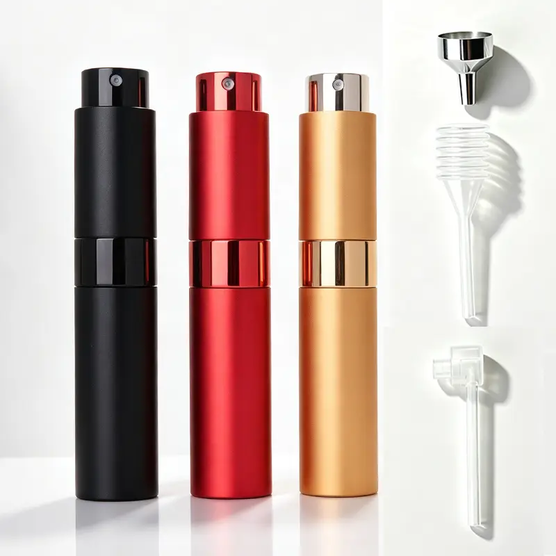 3-Piece Set: 8ml Travel-Size Refillable Perfume Atomizer – Portable, Reusable Spray Bottle (Dispenser Tool Included). Features an anodized aluminum finish with a smooth, refined texture. Suitable for DIY perfumes or oral sprays.