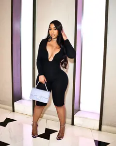 Black Deep-V Biker Romper