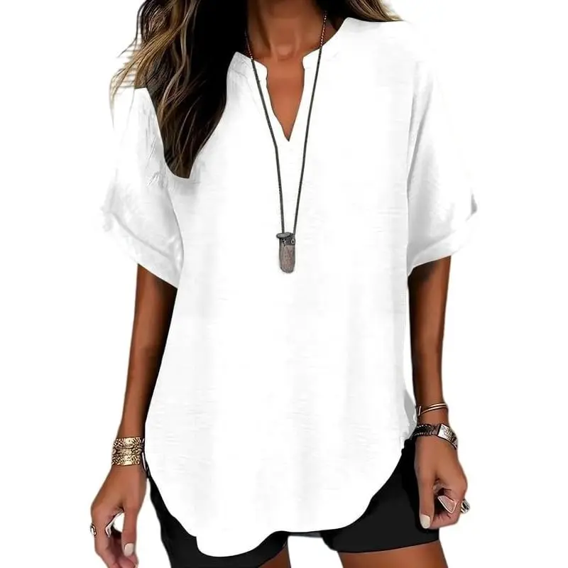 Women's Casual Cotton Linen Fabric Top - Lightweight, Naturally Textured Short-Sleeve Tshirt with Round/V-Neck, Loose Breathable Summer Blouse for Outdoors, Daily Leisure Use, Round Neck, Xl, Various Sizes, Basic, Fashion Apparel, Layering Outfits, Half S
