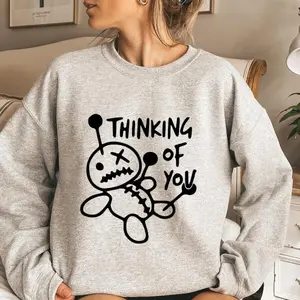 Thinking About You Voodoo Doll T-Shirt, Sweatshirt, Hoodie - Comfortable Women's Hoodie with Graphic Print, Solid Gray Color, Ideal for Casual Wear