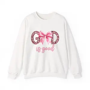 GOD is Good Women's Sweatshirt - Pink Bow Leopard Print Christian Crewneck Jumper Religious Pullover Inspirational Casual Cotton Knit Tops Unisex Long Sleeve