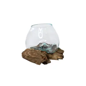 GamalFlow Melted Glass Bowl Over Wood Base