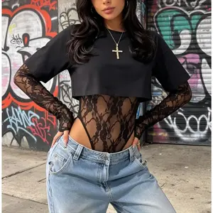 Fashion Crop Tops Women Lace Jacquard Full Sleeve Bodysuit Hot Girls High Street Wild Style Classic Skinny Clothing - Womenswear