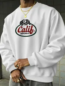 Men's Casual Letter & Graphic Print Fleeced Pullover Sweatshirt, Hoodie for Sports And Commuting, Casual Tops for Daily Wear