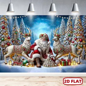 1pc 2D Flat Dienalls Luxurious Santa Claus & Reindeer Christmas Backdrop - Festive ployester Photography Background with Snowy Trees, Presents & Starry Night for Holiday Parties & Decorations, Christmas Decorations Banners Ornaments