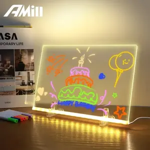 Creative Rewriteable Acrylic Message Board Set with Stand, LED Lighted Neon Accent Lights Dry Erase Board for Home & Store, 7 Free Pens Included as Gift