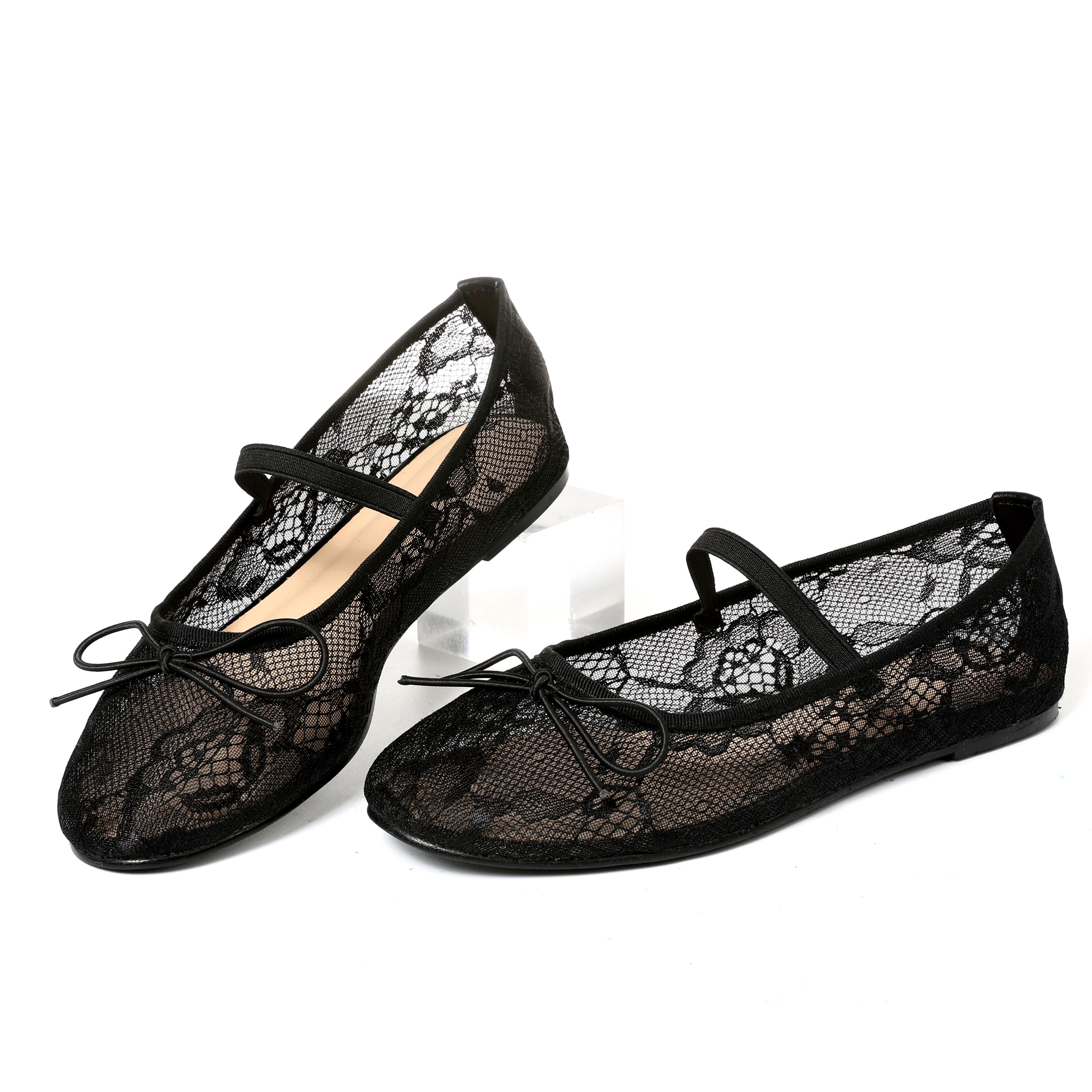 CELNEPHO Ballet Flats for Women Round Toe Flat Heel Comfortable Mesh Sandals Lace Strap Design Easy Slip on Mary Jane Everyday Wear Date Gift Dress Shoes
