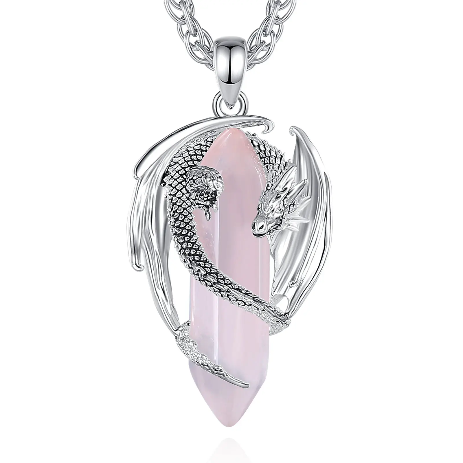 Natural Pink Quartz Dragon Necklace, Flying Hexagonal Pterosaur Pendant, Silver-Plated Dragon Pendant, Unique Energy Crystal Jewelry, Perfect Gift