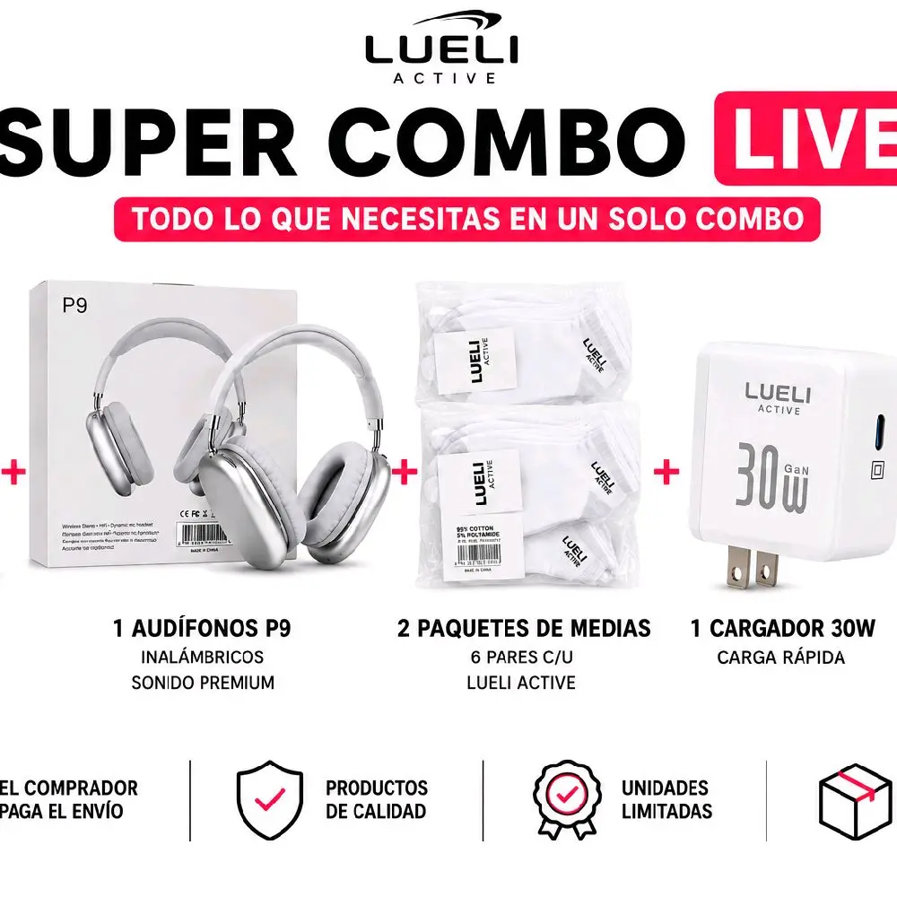 Lueli Active Super Combo Live – Thermo + P9 Headphones + 12 Pairs Socks + 30W Charger + USB-C Cable
