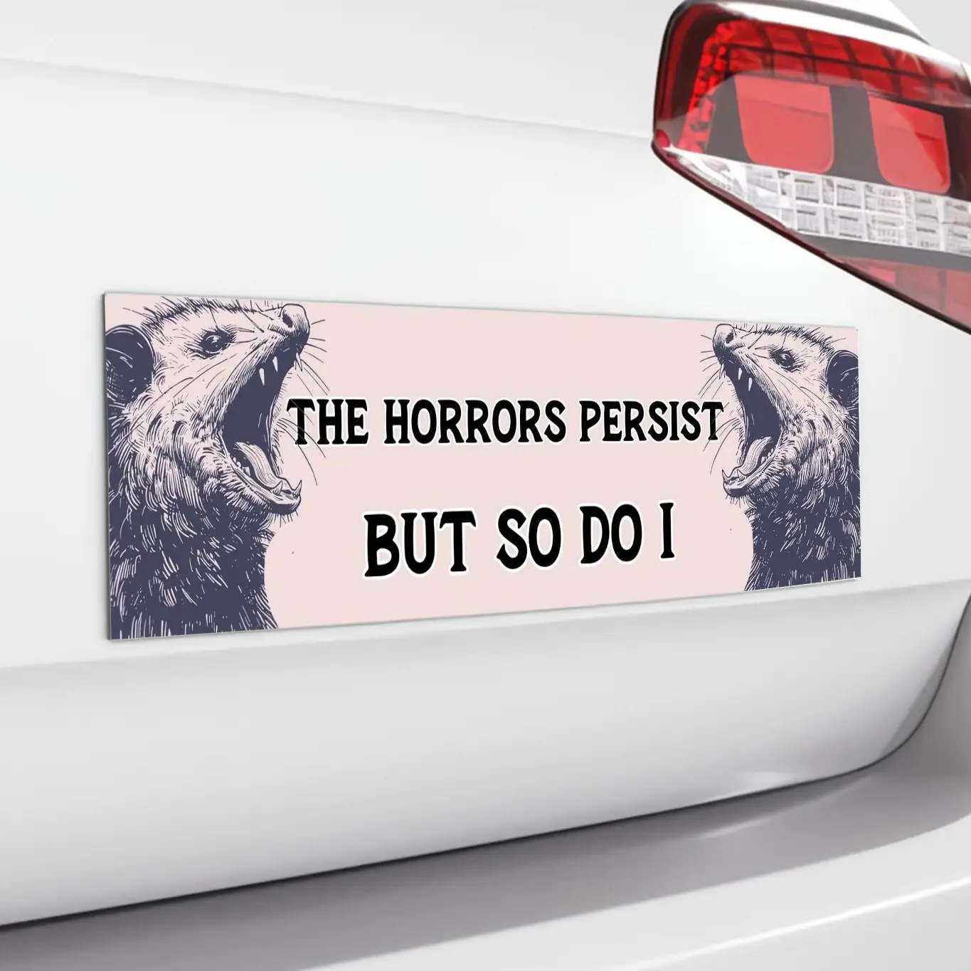 The Horrors Persist But So Do I, Funny Possum Bumper Sticker Magnet, Meme Car Accessories, Car Gift, Opossum Lover, Weird core Sarcastic Decor
