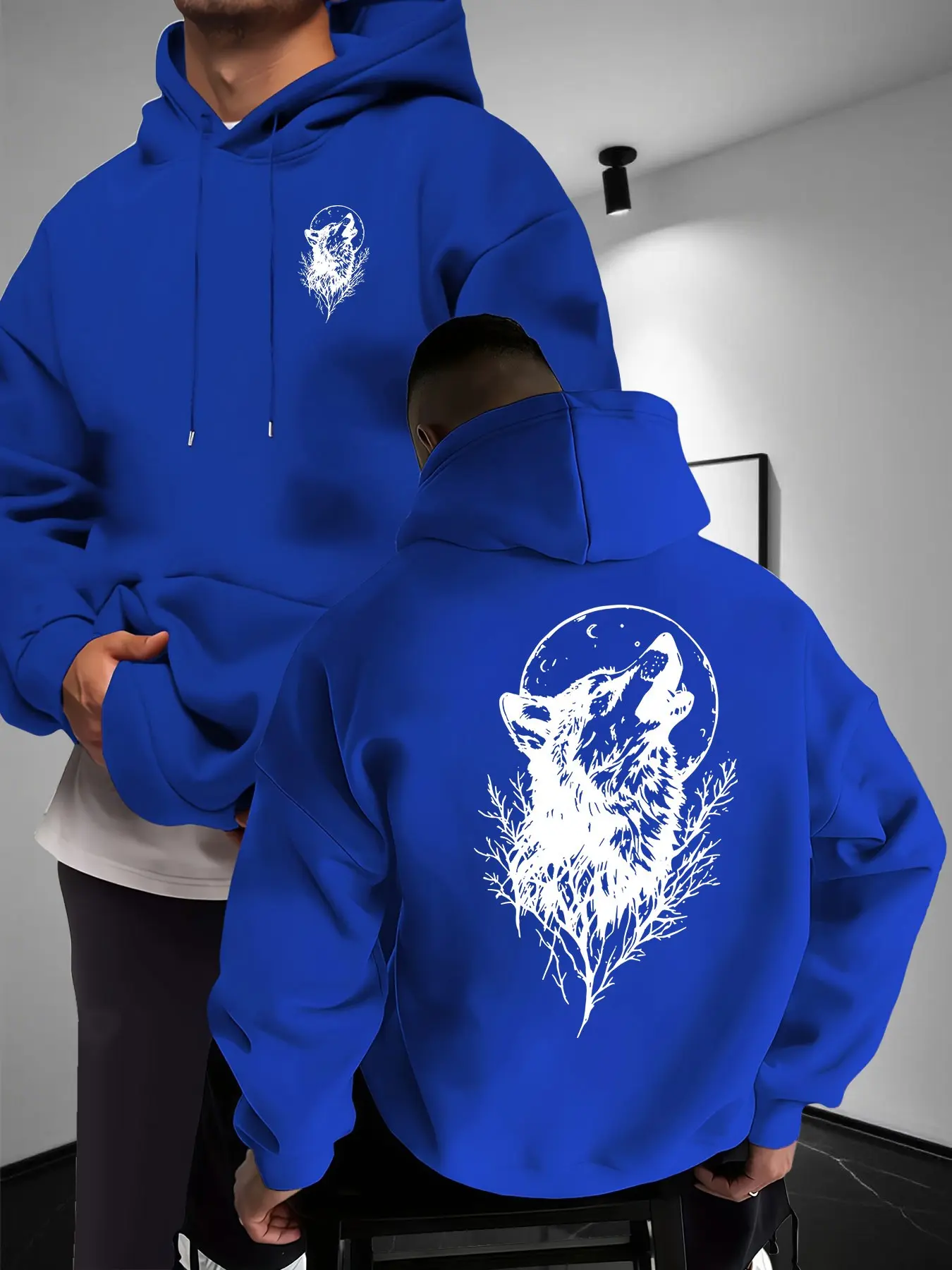 Men's Wolf Howling Moon Pattern Loose Graphic Print Hoodie, Casual Streetwear Pullover, Fitted Geometric Design, All Seasons Fashion