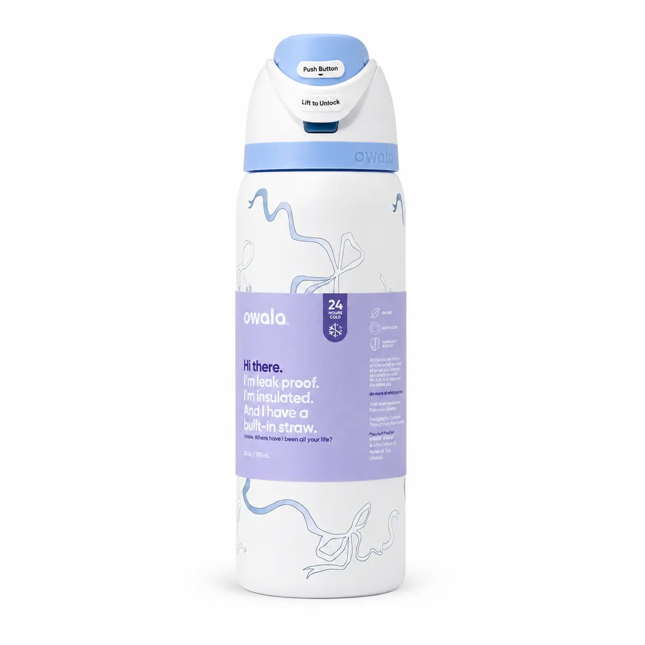 Owala FreeSip Sky Blue Ribbon Bow Stainless Steel Water Bottle – White Coquette Insulated Bottle with Built-In Straw & Leakproof Lid