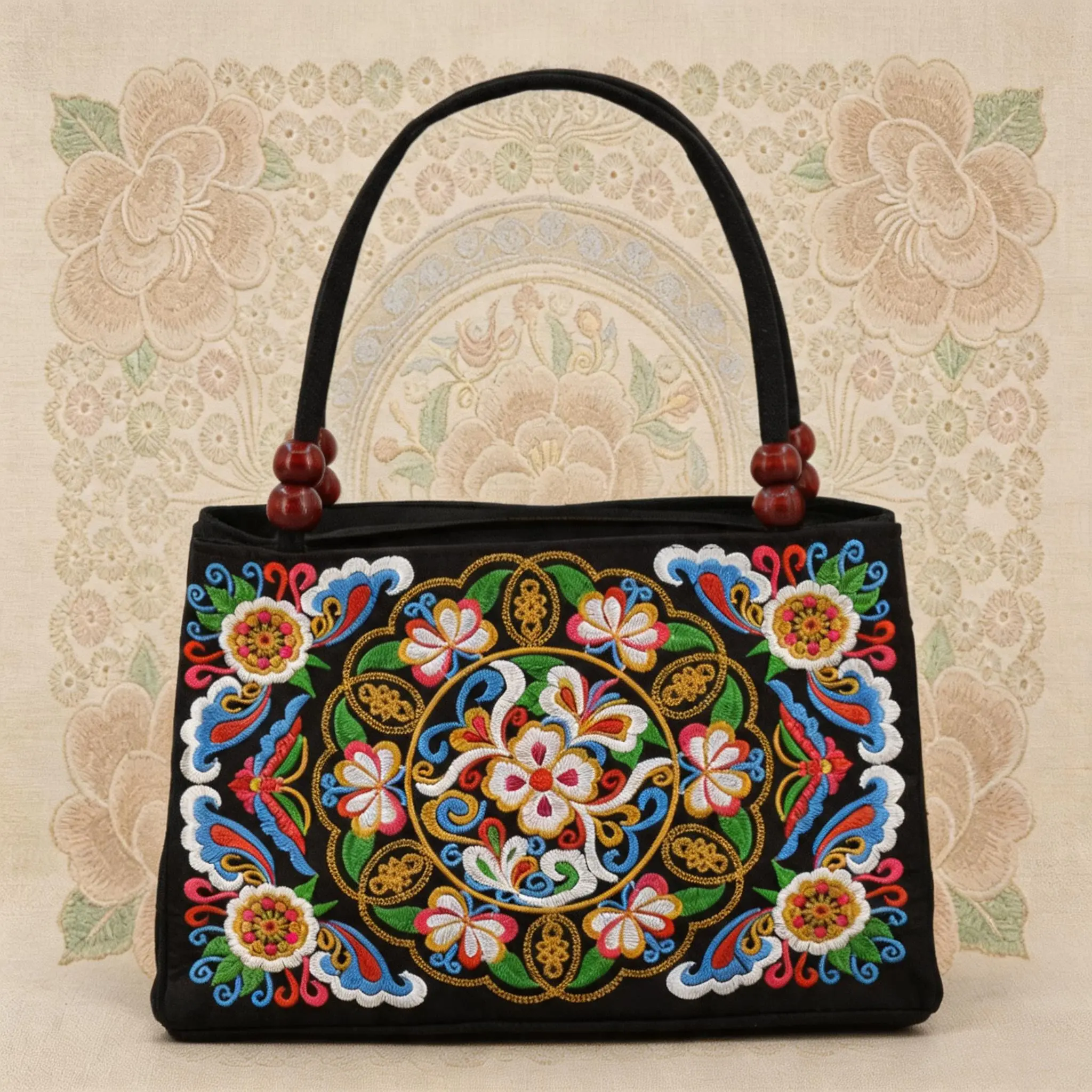 Retro ethnic style flower double-sided embroidery handbag, double-layer zipper handbag, fashionable retro daily canvas handbag