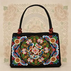 Retro ethnic style flower double-sided embroidery handbag, double-layer zipper handbag, fashionable retro daily canvas handbag