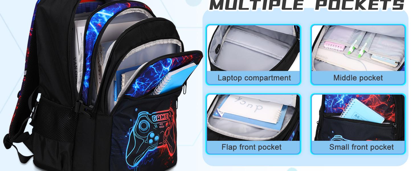 SIMILOVE 3/4PCS Boys Backpack for School, Cool Luminous Gamer Backpack for Boys with Lunch Bag&Pencil Case&Earphones, Kids Backpacks Bookbag for Teen Boy Elementary Middle High School with USB Charging Port, Back to School Gift, Birthday's Gift