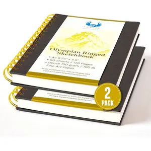 Olympian Ringed Sketchbook, A5 Size 5.5 x 8.25 inches, Gold Metal Ring Binding Lays Flat, 60 Sheets, 150 GSM Fine Art Paper for Artists, Ideal for Pencil, Ink, Watercolor, Leda Art Supply (Pack 2)