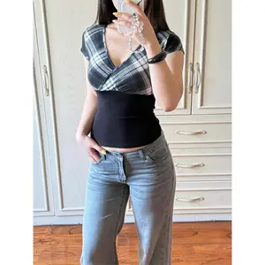 Retro Cross V-neck Short Sleeved T-shirt for Women's Summer Design Plaid Patchwork Crop Top Slim Sexy Y2k Clothes Tee Shirt