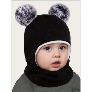 Thickened Warm Infant Toddler Fashion Double Pom-Pom Balaclava Cap, Outdoor Play Walk Travel Ride Warm All-In-One Beanie Hat, 1-3 Years