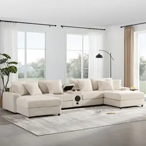 Aobtkel®141.5*64'' Corduroy Sectional Sofa with Bluetooth Speakers, U-Shaped Couch with Console, USB Charger, Cup Holders, Storage, Ottoman, Deep and Wide Seat Cloud Sofa for Living Room&Apartment   WL#Summervibes