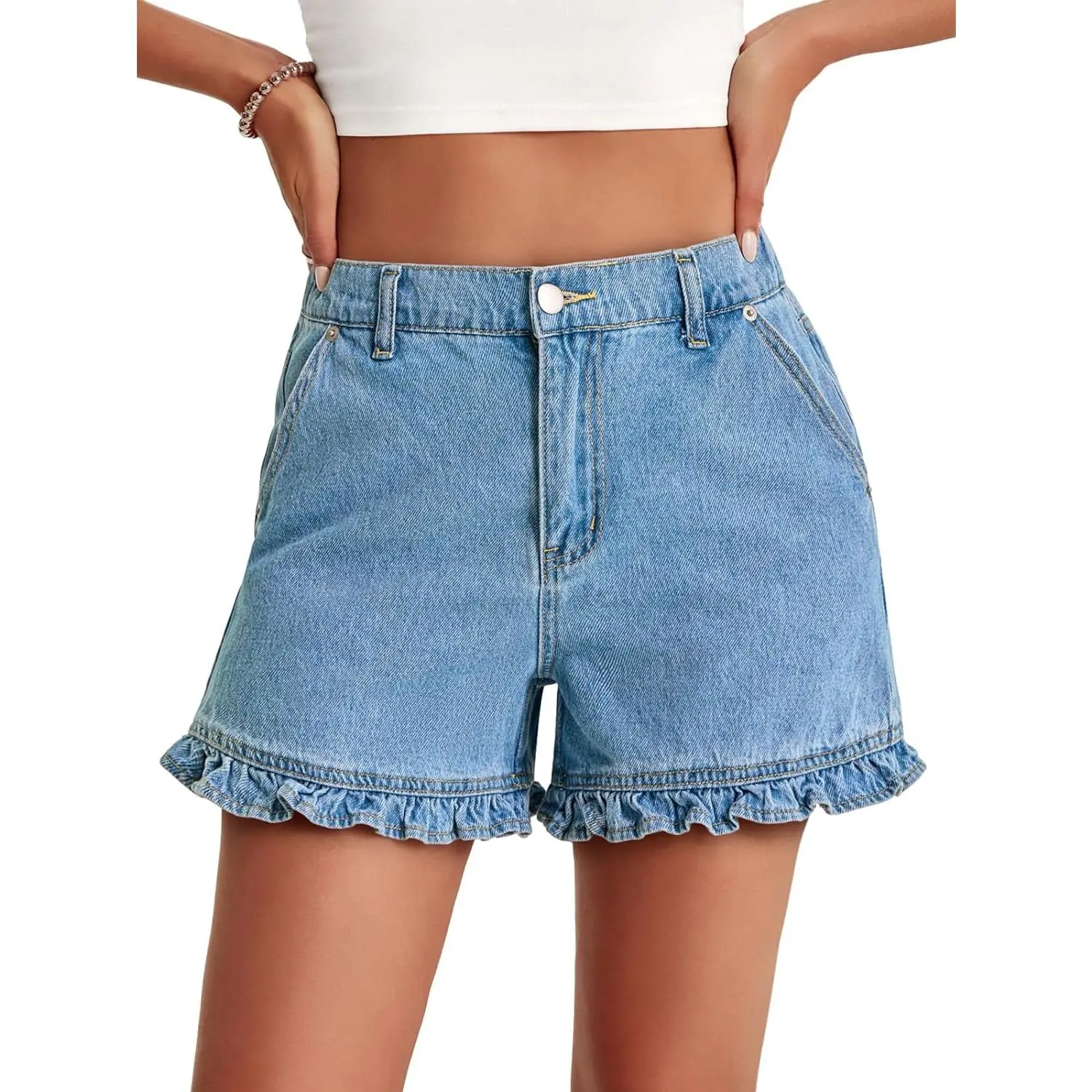 Women's Fitted Summer Ruffle Soft Denim Shorts, High-Waisted Lady's Bottoms with Pockets, Sexy Cotton Short Jeans