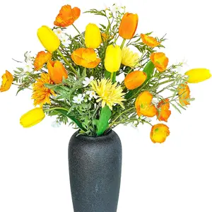 Premium Silk Flower Arrangements, Yellow & Orange Fake Artificial Tulips Poppies with Stem, Indoor Faux Floral DIY Bouquets for Tables Home Office Rooms Wedding Party Decor