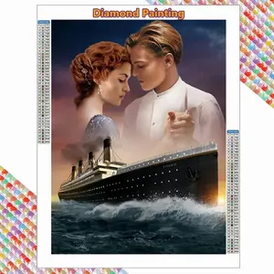 Titanic Jack and Rose Romantic Couple Ocean Liner 5D Full Drill Diamond Painting Kit, Crystal Rhinestone Mosaic Art, Sparkle Rhinestone Embroidery, Classic Movie Love Story Ocean Landscape Art, DIY Wall Decor