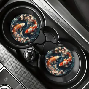 2-Pack Koi Fish Design Car Coasters - 2.75" EVA Cup Holder Inserts, Decorative Home & Office Desk Mats, Unique Gift for Christmas, Halloween, Thanksgiving, Valentine'S Day & Eid Al-Fitr, Festive Seasonal Decor, Festive Drink Coasters | Koi Fish Design | E