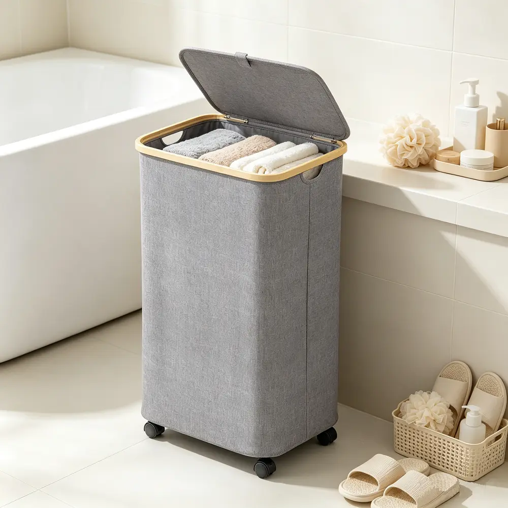 [ManyDFYu] 100L Wheeled Laundry Hamper - Eco-Friendly Rectangular Freestanding Single Compartment Laundry Basket, Grey Foldable with Lid, Bamboo Handles, Ventilated for Small Space Storage, Wheeled Laundry Basket, Laundry Hampers