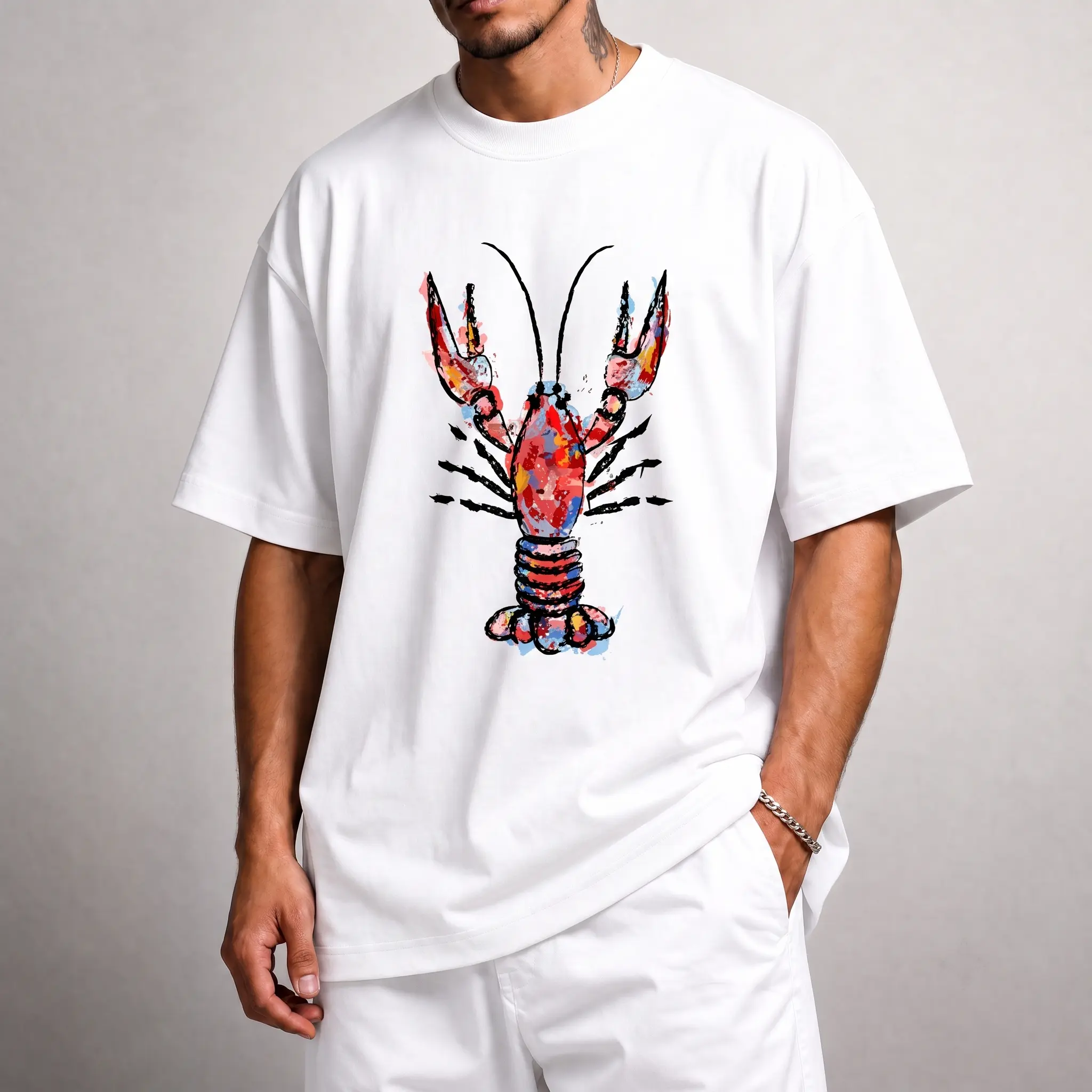 Colorful Crayon Lobster Crawfish Vibrant Art Graphic T-Shirt Seafood Coastal Summer White Short Sleeve Tee Sweatshirt TOP