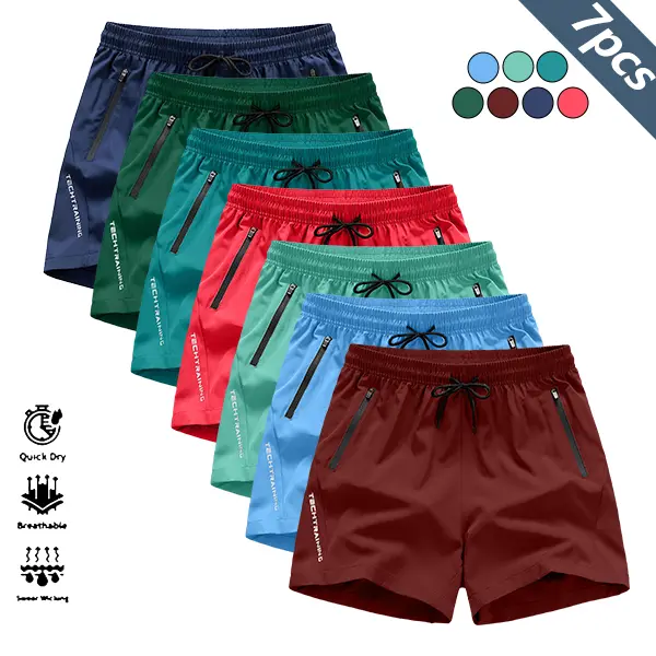 Men’s 7-Pack Loose Casual Athletic Walking Shorts - Bulk Activewear, Wrinkle-Resistant Polyester Blend, Drawstring Waistband, Plain Above-Knee, Clean Look, Suitable for Gym Workouts & Everyday Wear, Loose Men's Shorts