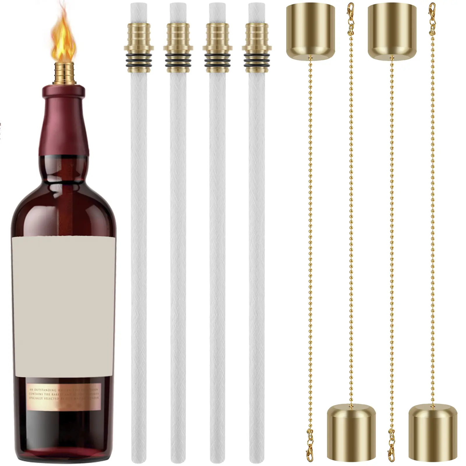 12Counts Wine Bottle Torch Kit Torch Light Set with 4 Torch Wicks 4 Brass Torch Wick Holders and 4 Brass Covers Premium DIY Wine Bottle Torch Décor for Garden Outdoor, Summervibes