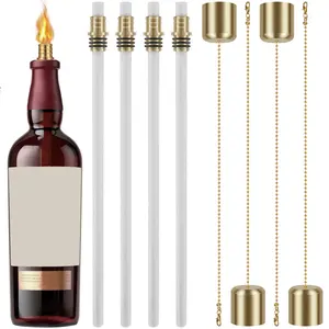 12Counts Wine Bottle Torch Kit Torch Light Set with 4 Torch Wicks 4 Brass Torch Wick Holders and 4 Brass Covers Premium DIY Wine Bottle Torch Décor for Garden Outdoor