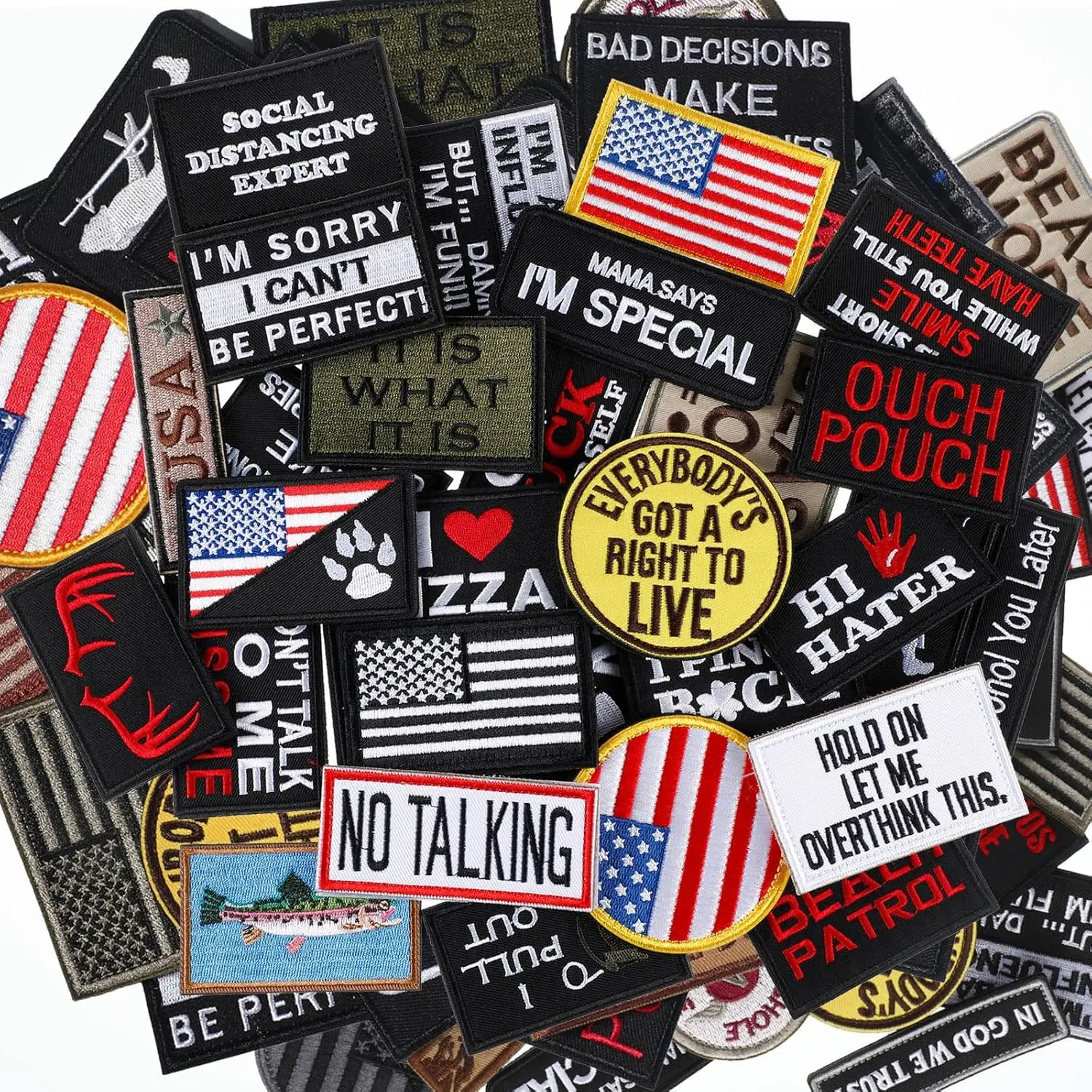 30 Pcs Random Funny Tactical Patches Set Full Embroidery Loop and Hook Patches for Backpacks Caps Bags Clothes Vest Uniforms