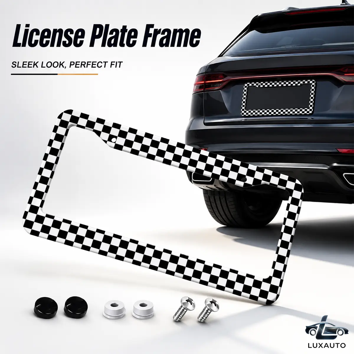 Black and White Checkered Look Racing Theme Aluminum License Plate Frame - Universal 12.2x6.3" Car Exterior Accessory for Cars/SUVs/Trucks, License Plate Cover with Screws & Caps, Standard Fit