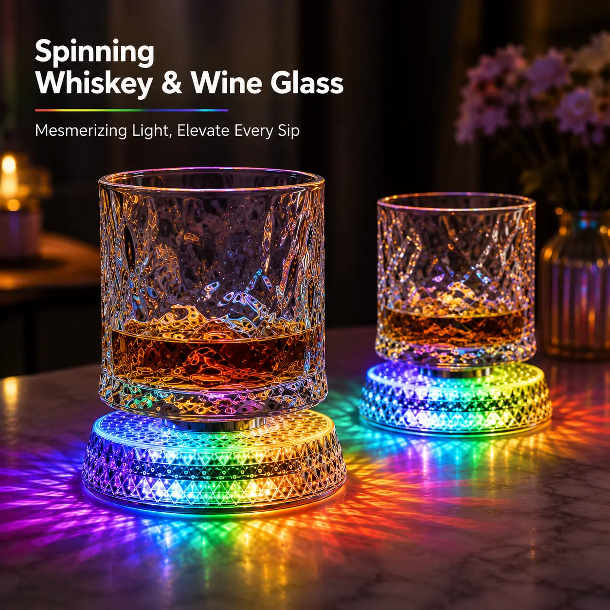 360° Spinning Crystal Glass with Light – 9.5 FI Oz Star-Cut Stre ss Relief Whiskey & Wine Glass, Elegant European Barware Gift, Rotating Glass Cup Spinning Glass Cup