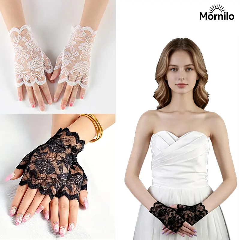 2PCS Women's Lace Wedding Gloves, Elegant Half Finger Bridal Gloves, Short Floral Lace Gloves for Bride, Tea Party, Prom, Wedding Accessories, Breathable Vintage Coquette Gloves, Princess Costume, Party Dress Accessories