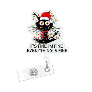 Christmas Badge Reel, Cute Cat Expandable Badge Clip with ID Holder, Nurse Work Accessories, Fun Rn Flashing Badge Reel with Belt Clip