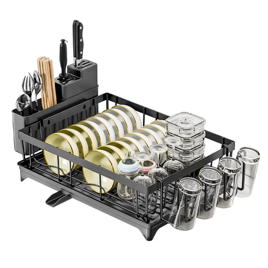 2-Tier Carbon Steel Dish Drying Rack with Buckle, Retractable Design, Drain Tray, Anti-Slip Base - Stable Kitchen Counter Organizer for Plates, Bowls, Utensils