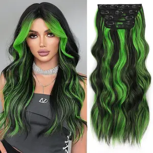 Clip in Hair Extensions for Women, Black Mix Green Colorful Long Wavy Hair Extensions Clip Ins 4Pcs 20 Inch SyntheticSoft and Natural Thick Hair Pieces for Women DailyParty Use
