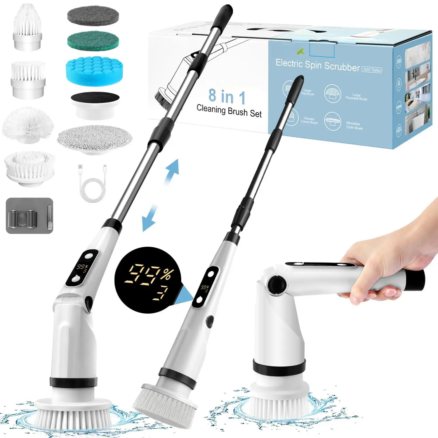 Electric Spin Scrubber  Bathroom Power Shower Cleaning Brush For Tub/tile/floor/toilet/kitchen 8 Cleaner Scrub Heads 3 Speeds 450rpm Max Telescopic Rod Black