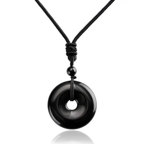 SofiaDesignsBoutique Unisex Natural Obsidian Circle Donut Pendant Necklace, Elegant Dainty Boho-Chic Long Black Gemstone Coin Amulet, Adjustable Rope, Boho Everyday Style Gifts, 1.2in Daily Use Jewelry, Dainty Boho Necklace, Adults