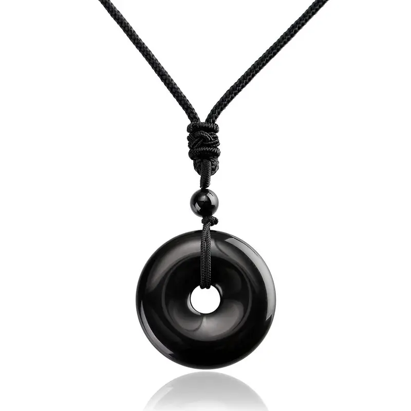 SofiaDesignsBoutique Unisex Natural Obsidian Circle Donut Pendant Necklace, Elegant Dainty Boho-Chic Long Black Gemstone Coin Amulet, Adjustable Rope, Boho Everyday Style Gifts, 1.2in Daily Use Jewelry, Dainty Boho Necklace, Adults