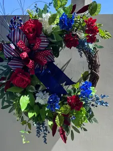 Luxury Patriotic Grapevine Wreath – America 250 Decor, Farrisilk Ribbon Bow, Red White Blue Summer Door Wreath, Designer Front Door Decor
